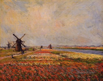  Molino Arte - Campos de flores y molinos de viento cerca del paisaje de Leiden Claude Monet